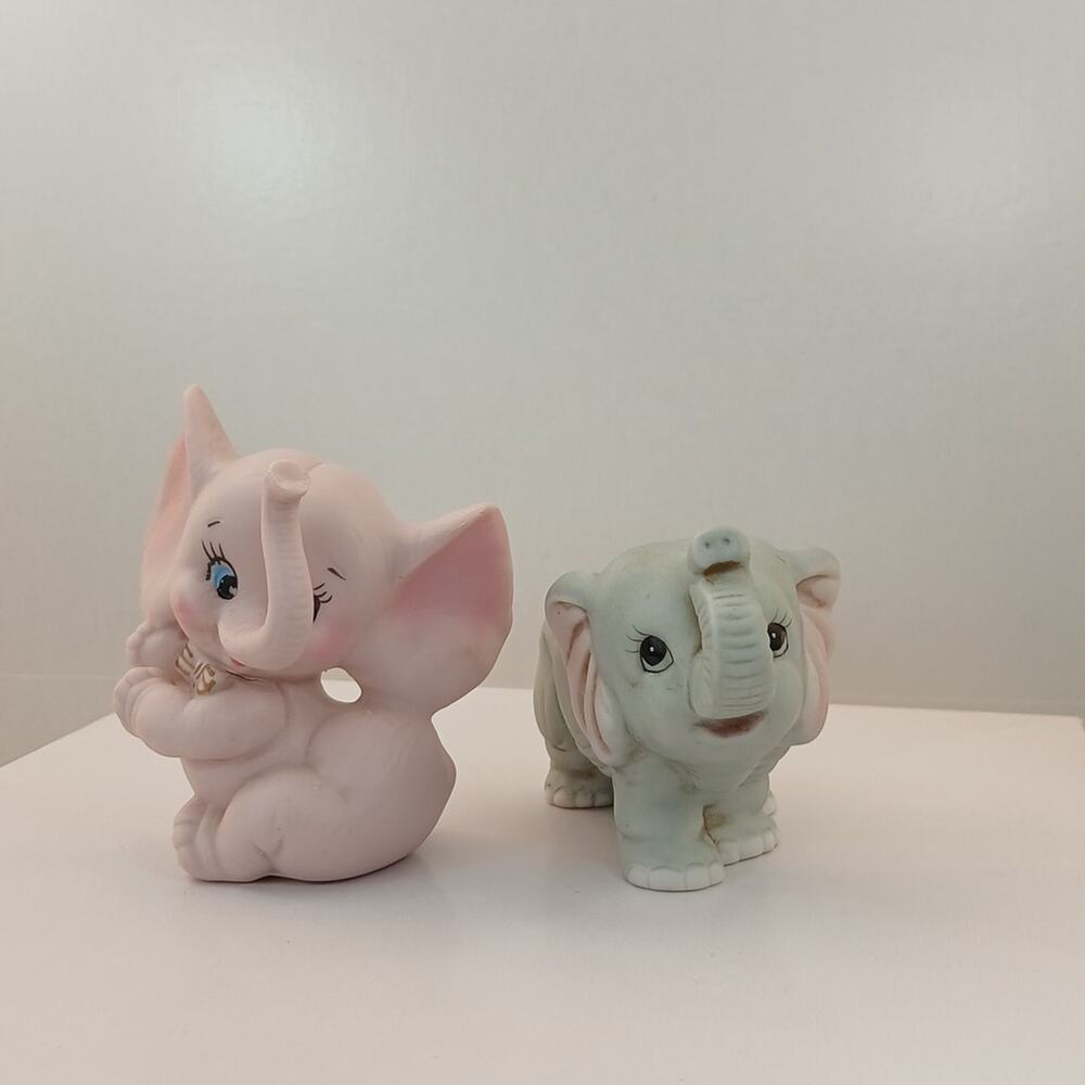 Elephant Figurines Homco Gray and Lefton Pink Baby Elephants